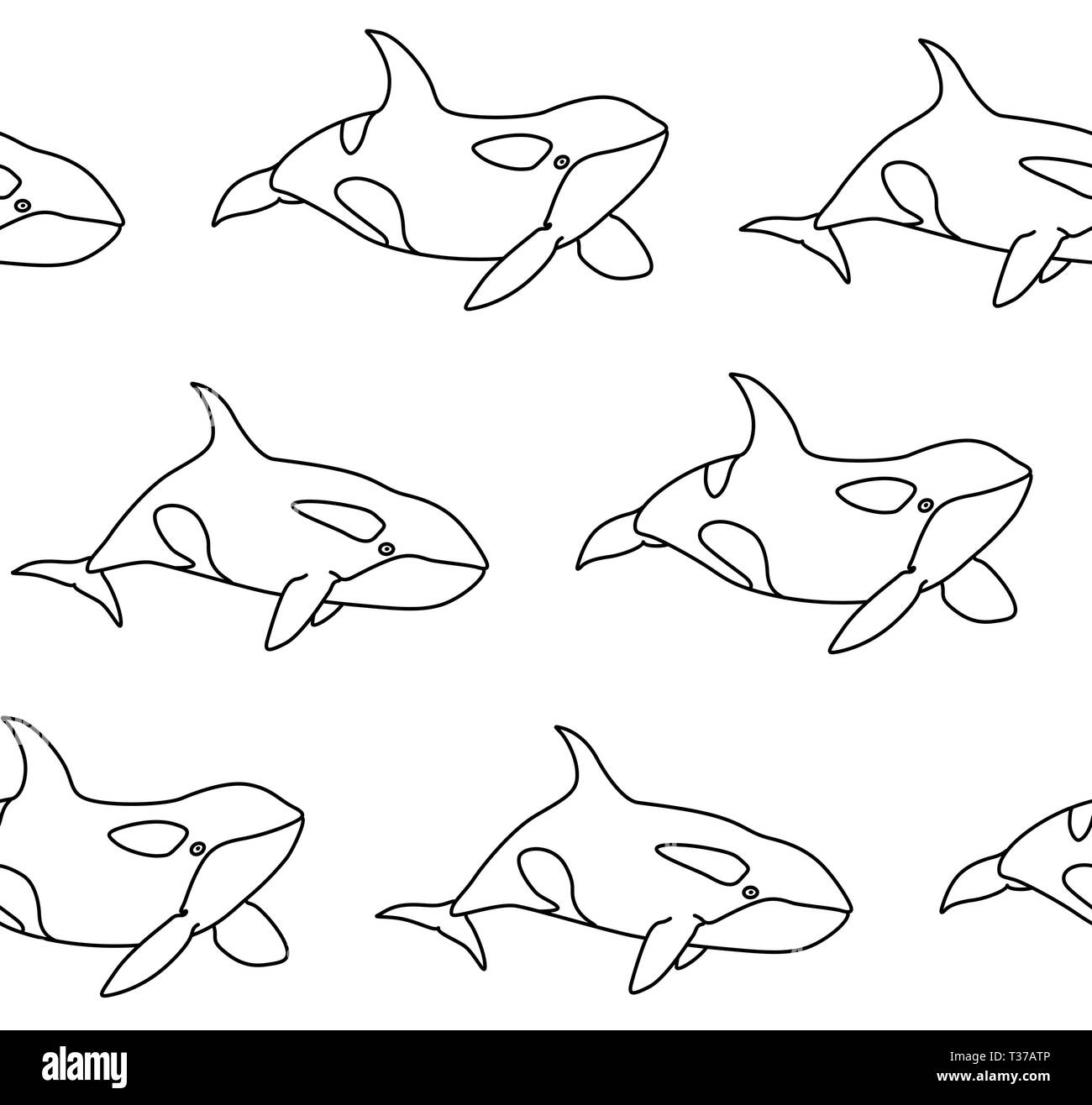 Vector seamless pattern di balena killer in stile contorno. Line art cartoon orca su sfondo bianco Illustrazione Vettoriale