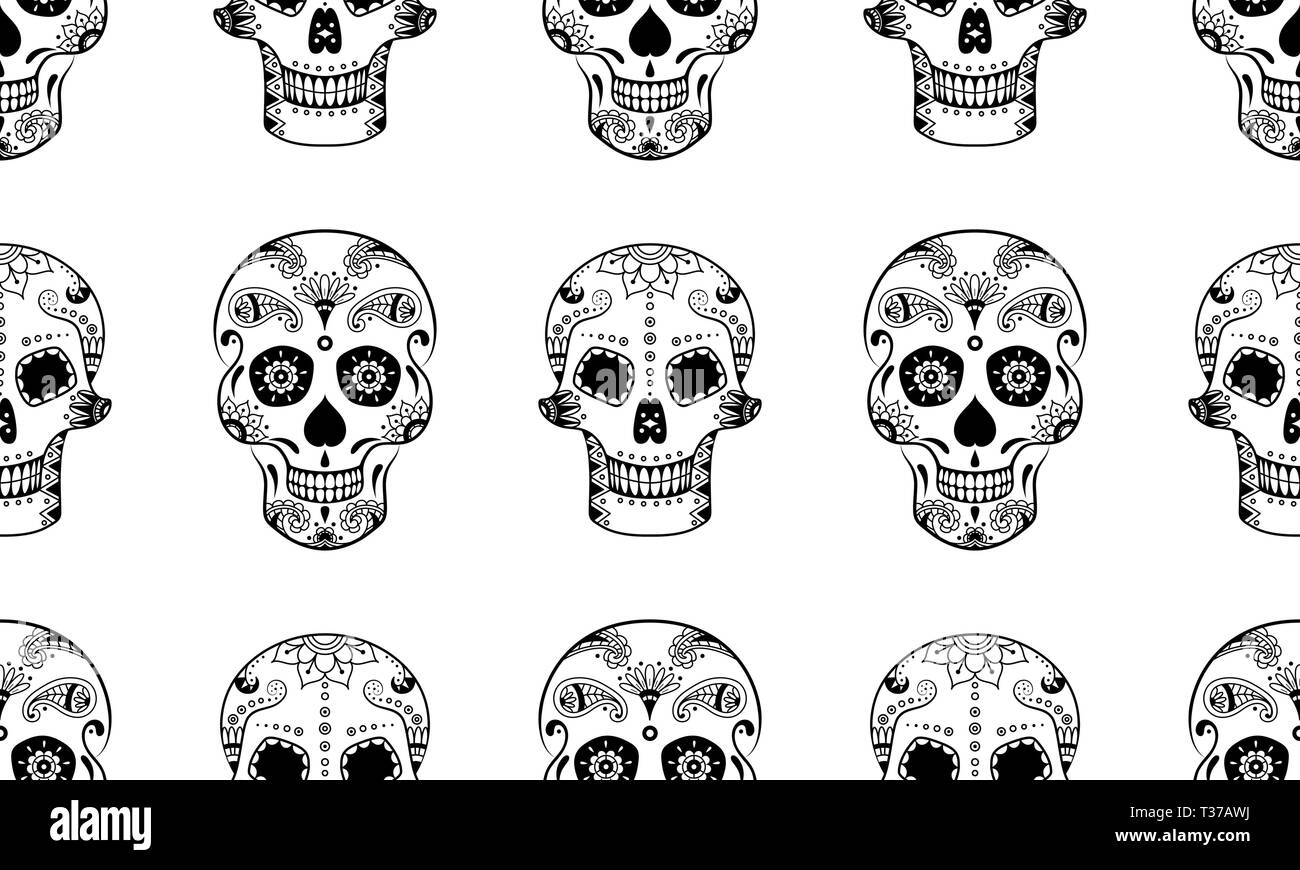 Vector seamless pattern di zucchero nero cranio con doodle motivo floreale su sfondo bianco. Pagina di colorazione libro messicano per il giorno dei morti. Dia de Mu Illustrazione Vettoriale