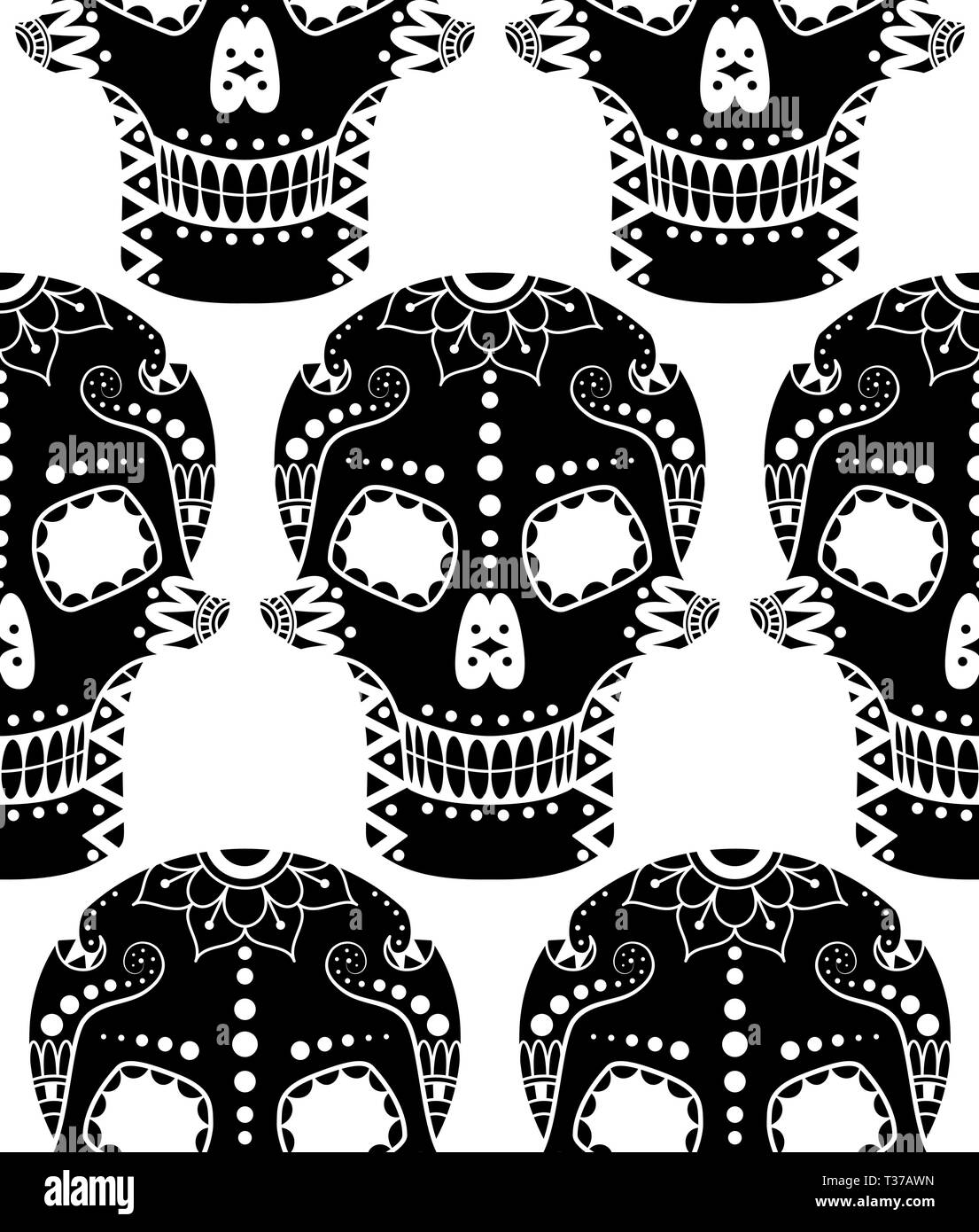 Vector seamless pattern di zucchero nero cranio con ornamento etnico su sfondo bianco Illustrazione Vettoriale