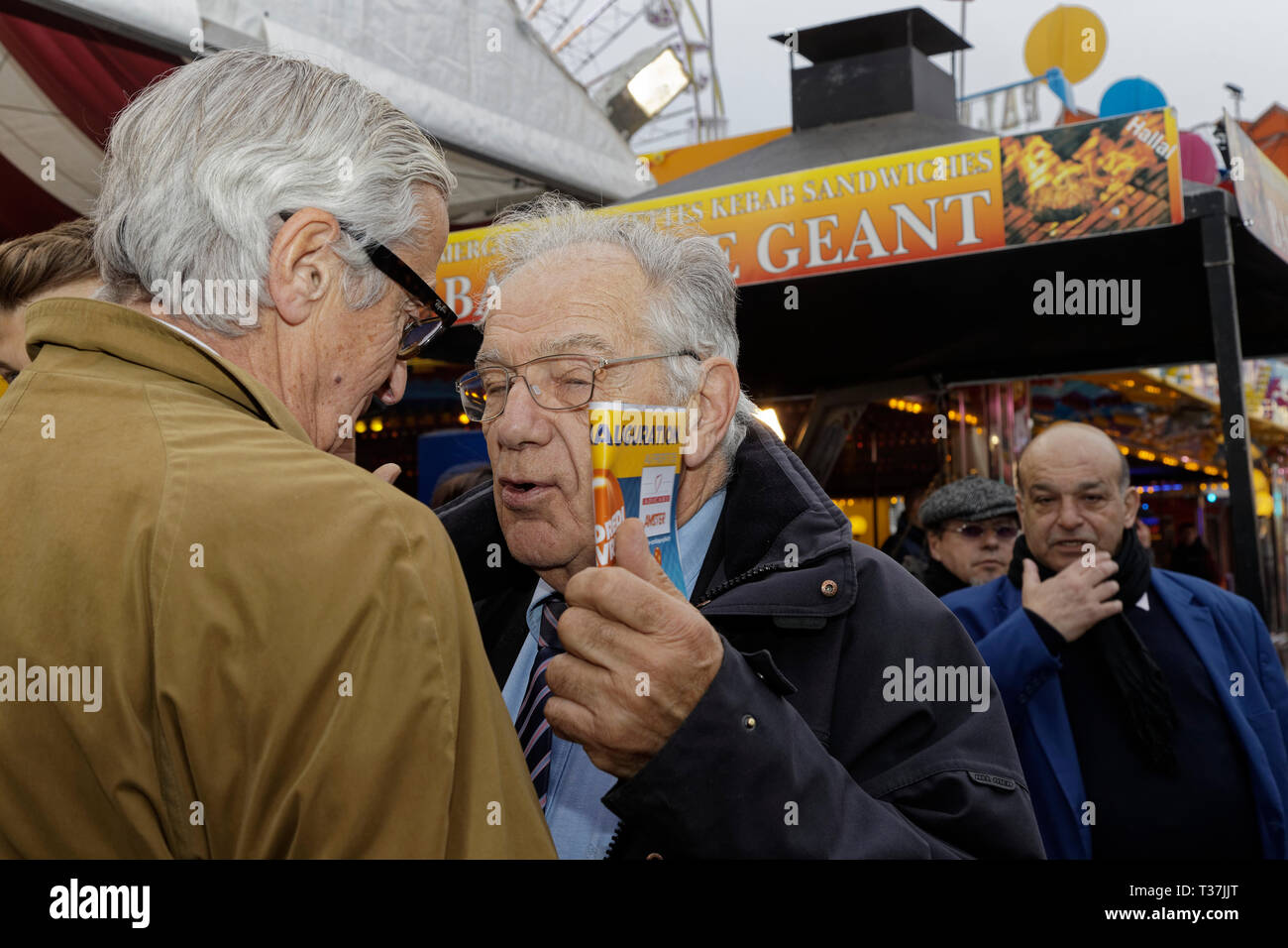 Parigi, Francia, 5 Aprile 2019.Michel Chevalet (R) e JC. P Farcot professore assistere alla cerimonia di inaugurazione della fiera di Trone fino 2019 presso il prato di Reuilly Foto Stock