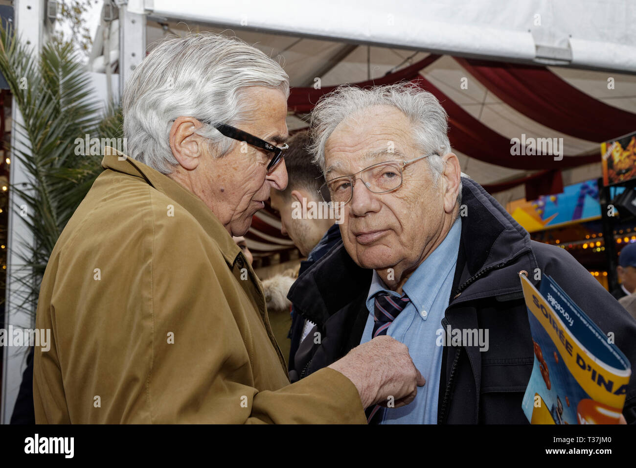 Parigi, Francia, 5 Aprile 2019.Michel Chevalet (R) e JC. P Farcot professore assistere alla cerimonia di inaugurazione della fiera di Trone fino 2019 presso il prato di Reuilly Foto Stock