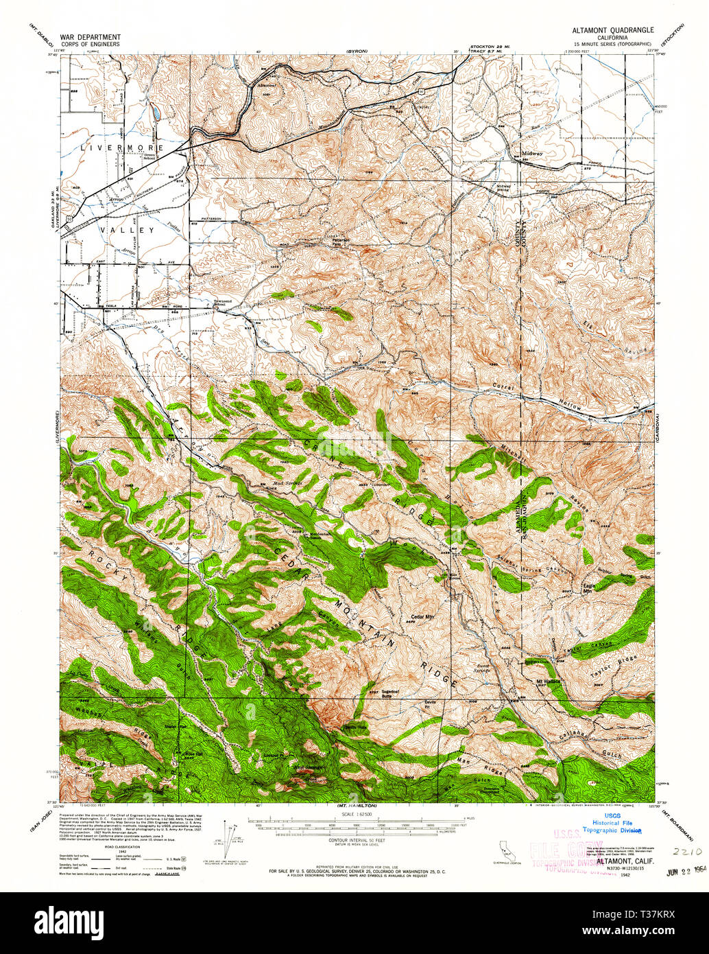 USGS TOPO Map California CA Altamont 296684 1942 62500 Restauro Foto Stock