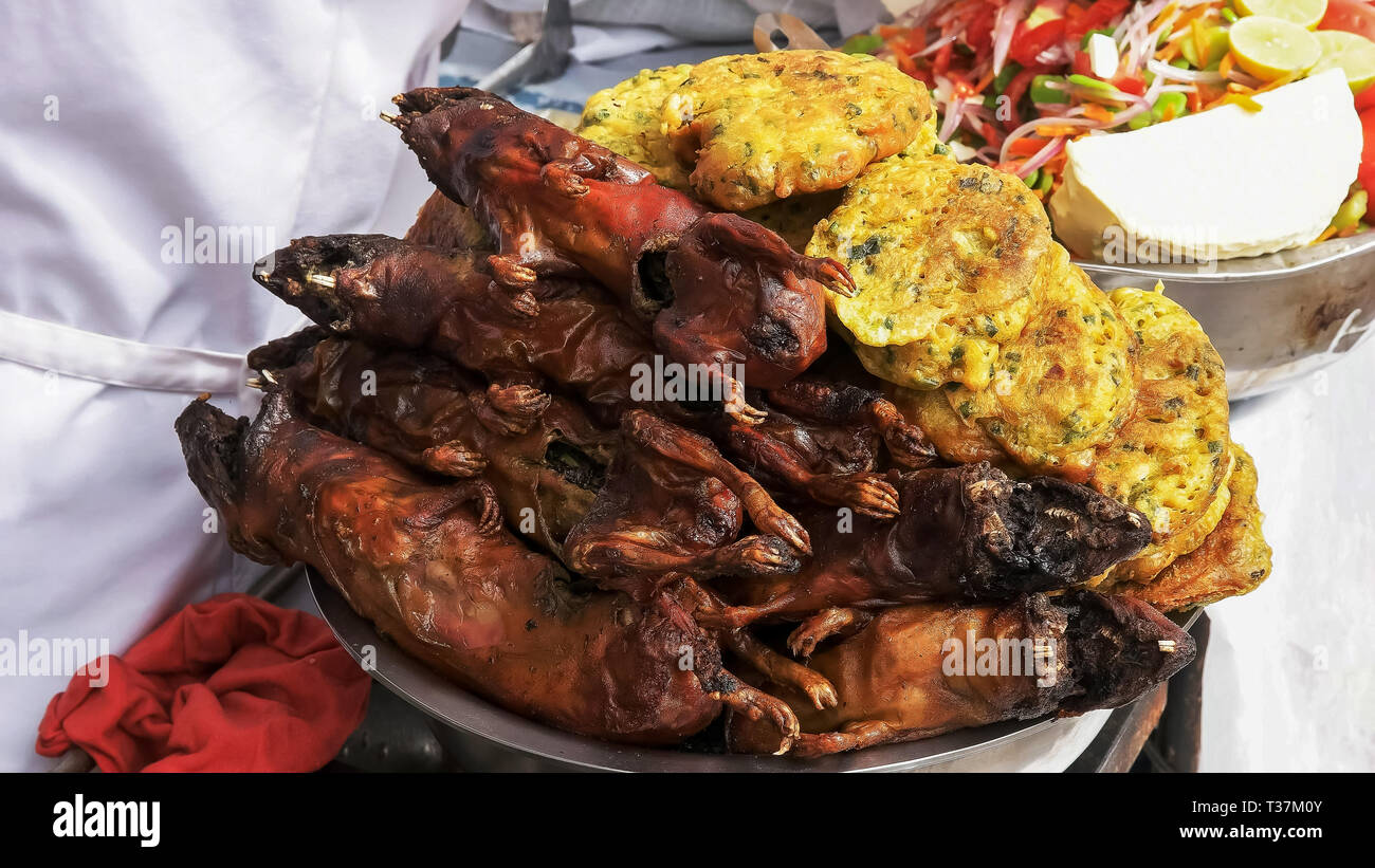 Cucinato al momento cuy, cavia, in un mercato di Cuzco Foto Stock