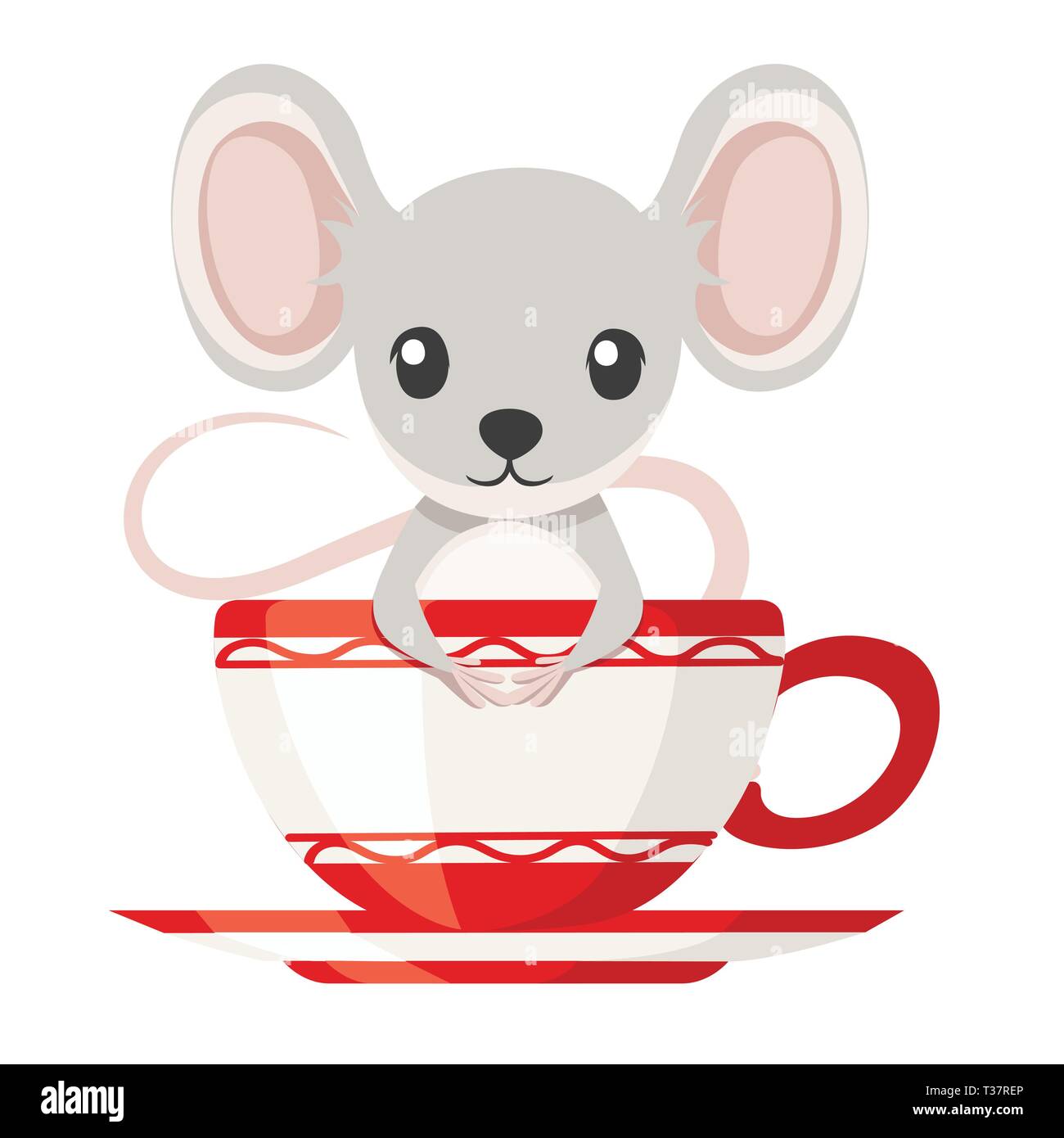 Carino piccolo grigio topo è seduto in una tazza alta. Animali Cartoon character design. Piatto illustrazione vettore isolato su sfondo bianco. Illustrazione Vettoriale