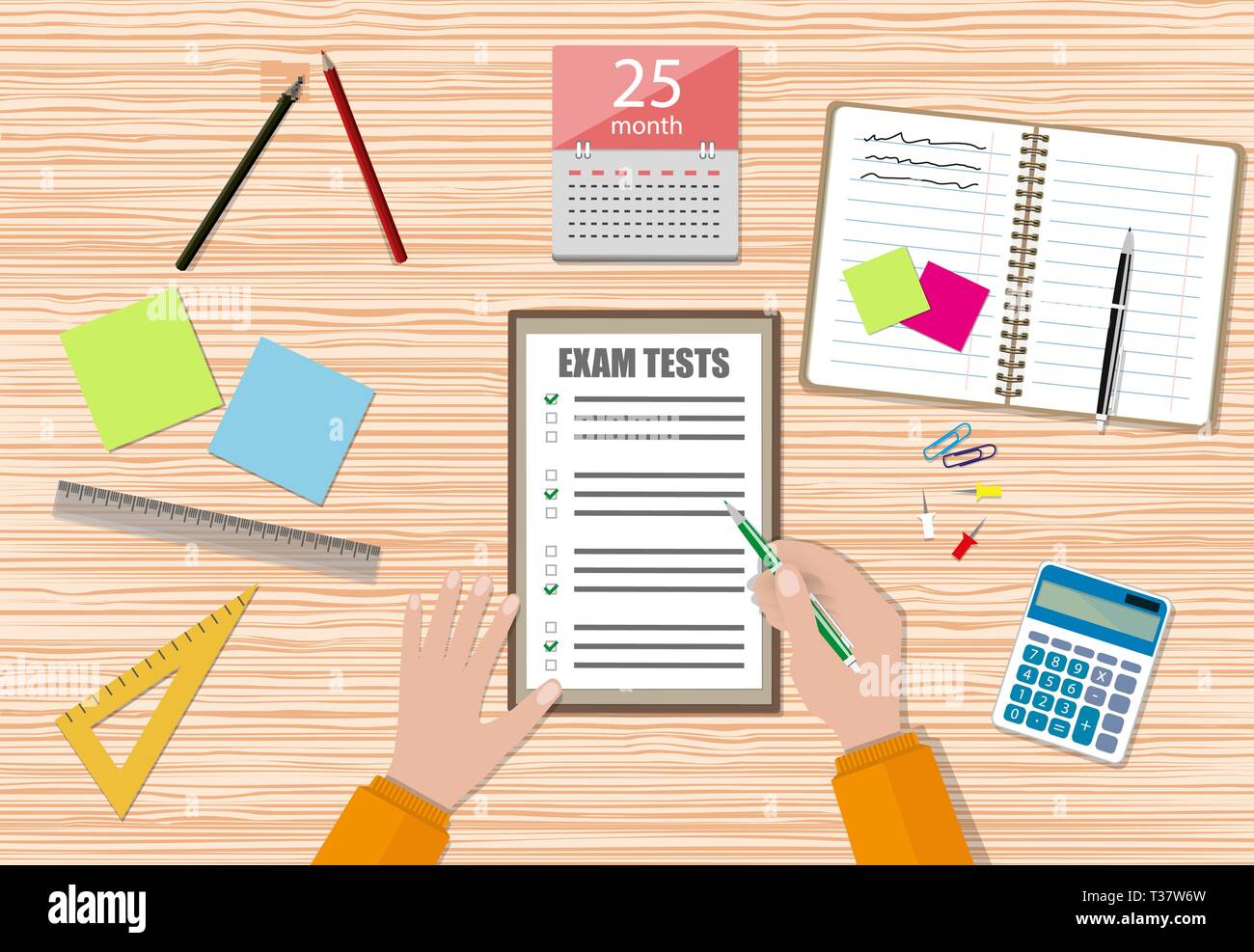 Studente riempie mano esame quiz carta con penna verde, scuola esame i risultati dei test in legno per banco di scuola con perni, calcolatrice, blocco note e Calendario. vecto Illustrazione Vettoriale