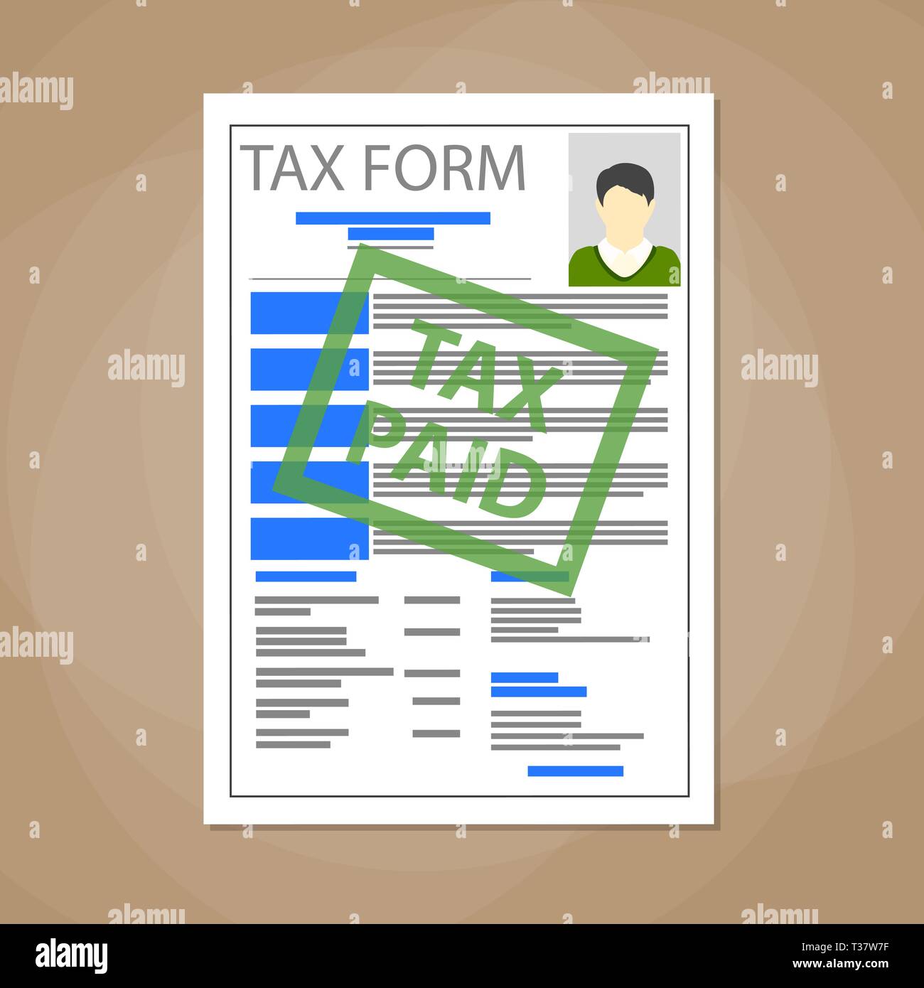 Bianco forma fiscale vuota con timbro verde imposta pagata. pagando le tasse concetto. illustrazione vettoriale in design piatto su sfondo marrone Illustrazione Vettoriale