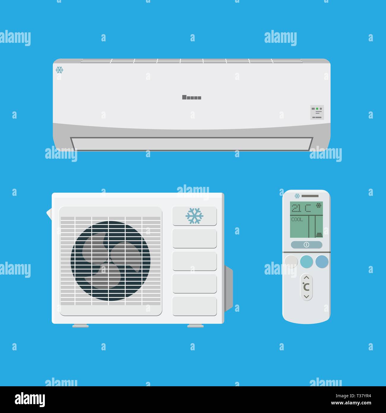 Impianto di aria condizionata. esterni ed interni e unità di controllo remoto. illustrazione vettoriale in stile piatto su sfondo blu Illustrazione Vettoriale