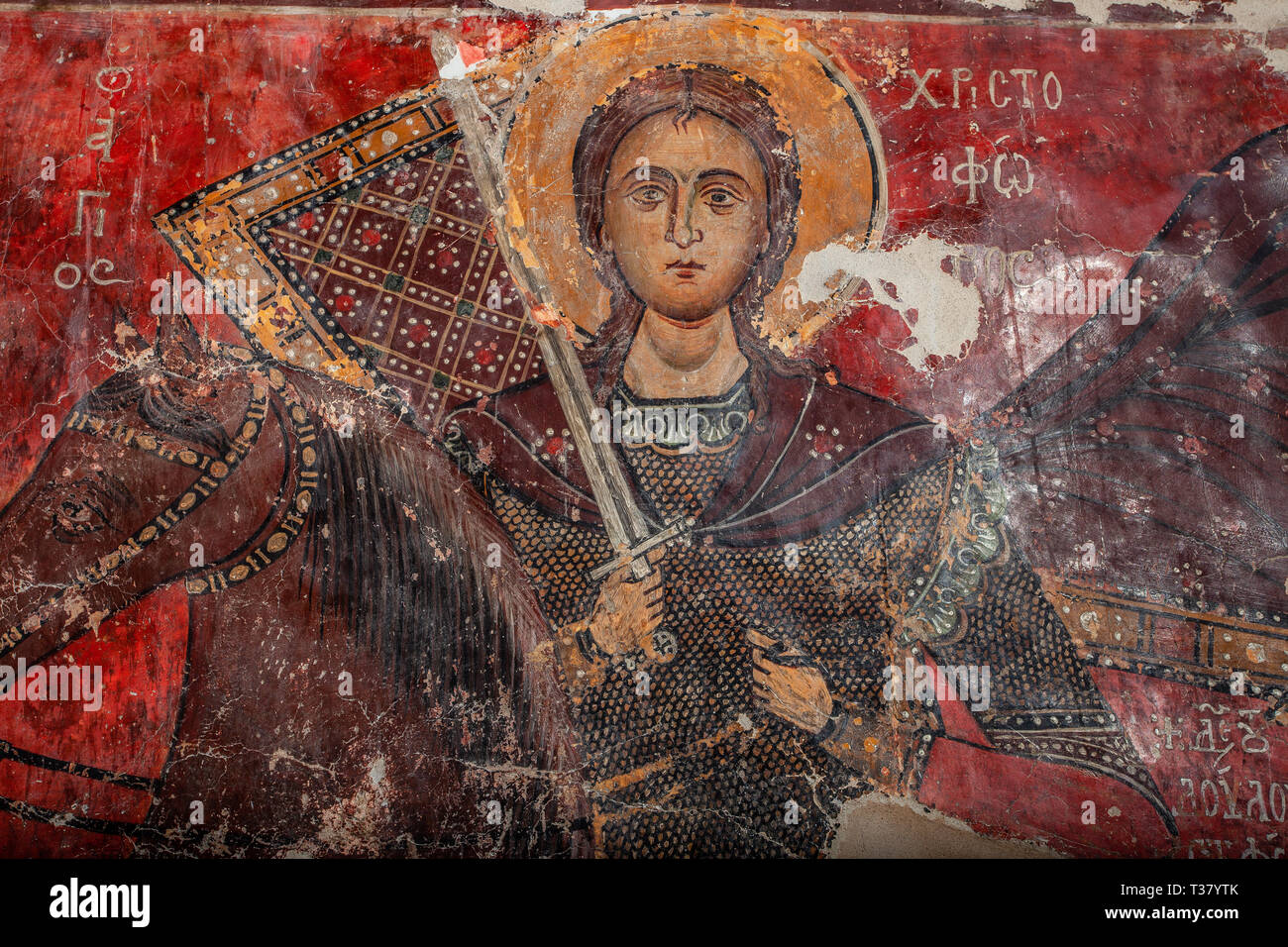 13 ° secolo dipinto di San Cristoforo Chiesa di Panagia tou Moutoulla, Moutoulas, Cipro. Foto Stock