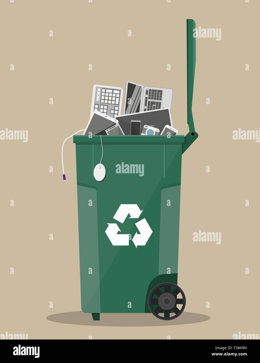 Rifiuti elettronici cestino contenitore con vecchie apparecchiature per computer, telefoni portatili, mouse, tastiera. illustrazione vettoriale in stile piatto Illustrazione Vettoriale