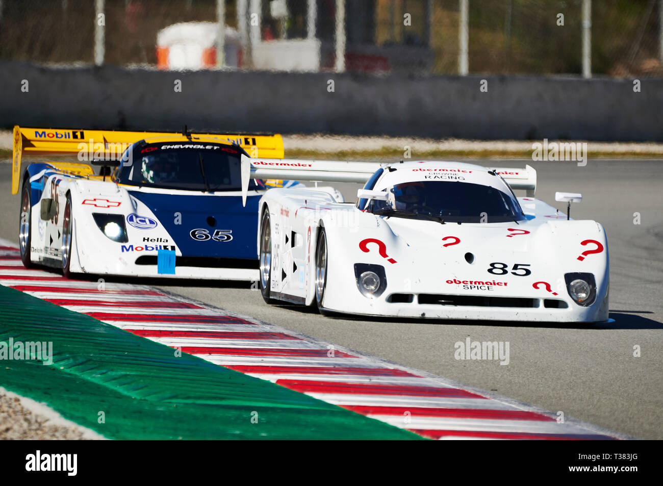 Circuito de Barcelona-Catalunya, Barcelona, Spagna. 7 apr, 2019. L'Esp&#sso;ritu de Montju&#xef;c motor racing festival, giorno 3; Tony Sinclair (GBR) guida Spice SE90C 1990 conduce seguita da Mike Wrigley (GBR) guida Spice SE89C 1989 durante l'Espiritu de Montjuic Credito: Azione Sport Plus/Alamy Live News Foto Stock