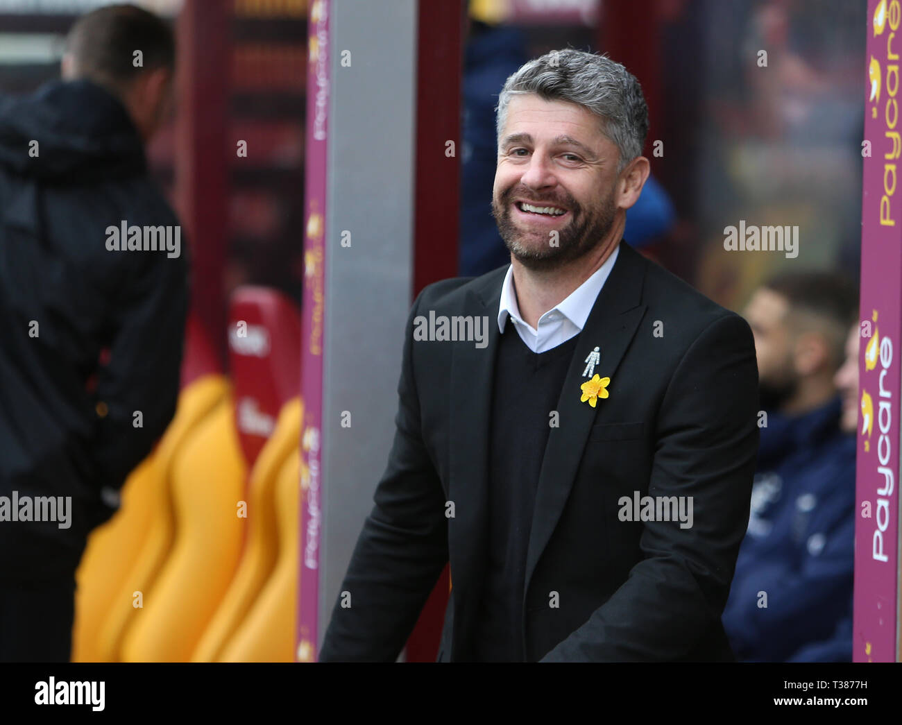 Fir Park, Motherwell, Regno Unito. 7 apr, 2019. Ladbrokes Premiership, Motherwell contro Rangers; Motherwell manager Stephen Robinson è tutto sorrisi prima della partita solo uso editoriale, è richiesta una licenza per uso commerciale. Nessun uso in scommesse, giochi o un singolo giocatore/club/league pubblicazione. Credito: Azione Sport Plus/Alamy Live News Foto Stock