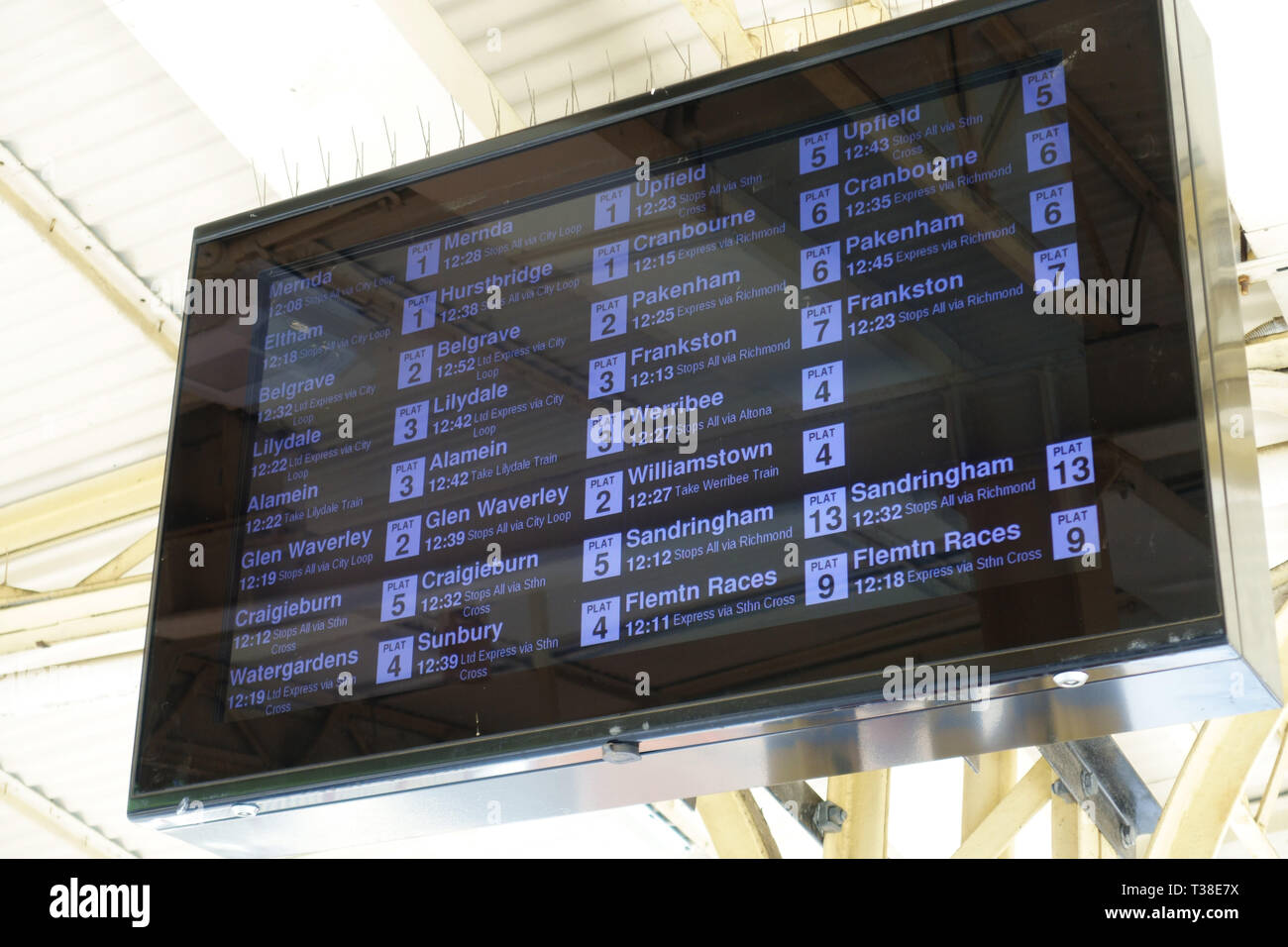 Tabella di tempo al treno della metropolitana presso la stazione di Flinders Street, Melbourne Victoria Australia Foto Stock