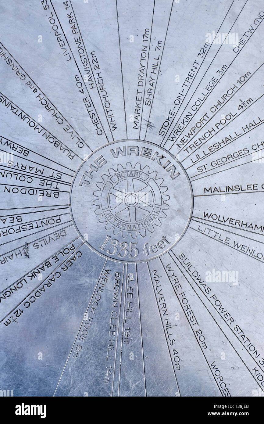 Il toposcope sul vertice del Wrekin, Telford & Wrekin, Shropshire Foto Stock