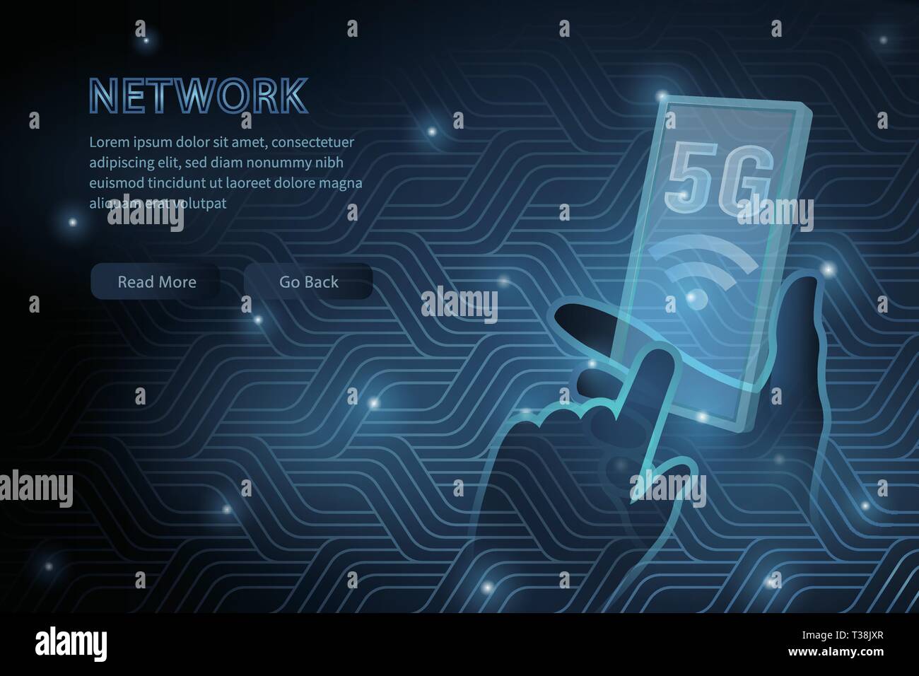 5G trasparente della tecnologia cellulare geometria telaio trasversale vettore di linea futuristico modello illustrazione sfondo con incandescente dot. Concetto di wirel Illustrazione Vettoriale