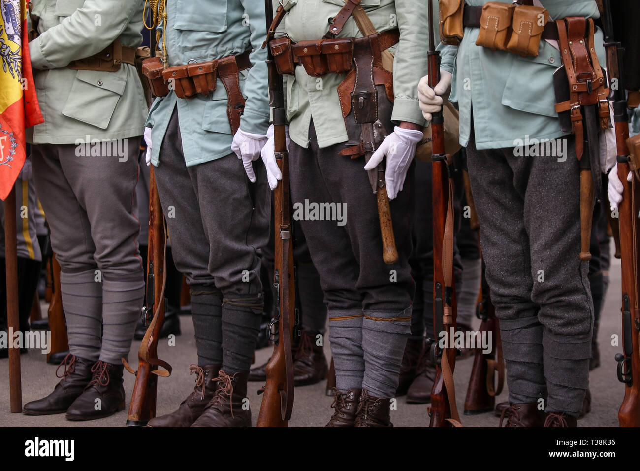 La guerra mondiale I reenactors con la loro attrezzatura Foto Stock