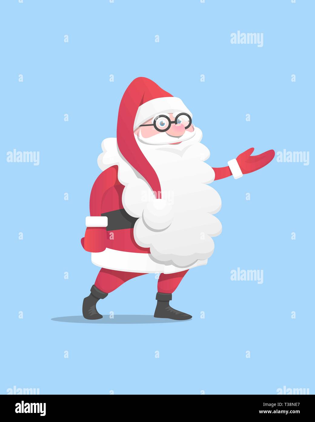 Babbo Natale con una mano sollevata. un simpatico personaggio dei fumetti indossa occhiali. Isolato su sfondo blu. Illustrazione di vettore per il Natale e il nuovo anno. Illustrazione Vettoriale