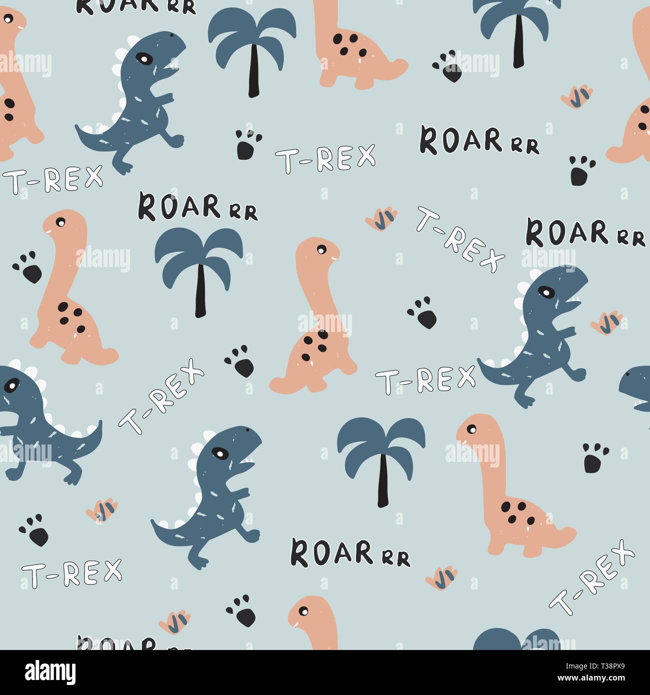 Modello senza cuciture con simpatici dinosauri. Illustrazione Vettoriale