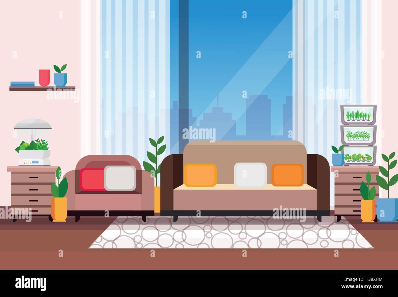 Moderno appartamento soggiorno interno con home electronic terrarium contenitore in vetro casa piante che crescono concetto orizzontale piana illustrazione vettoriale Illustrazione Vettoriale