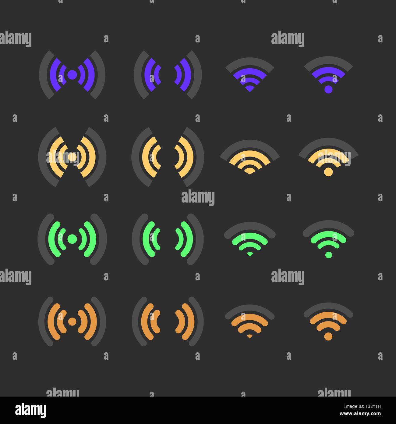 Set di icone di wireless con diversi livelli di comunicazione. In stile appartamento, illustrazione vettoriale. Illustrazione Vettoriale