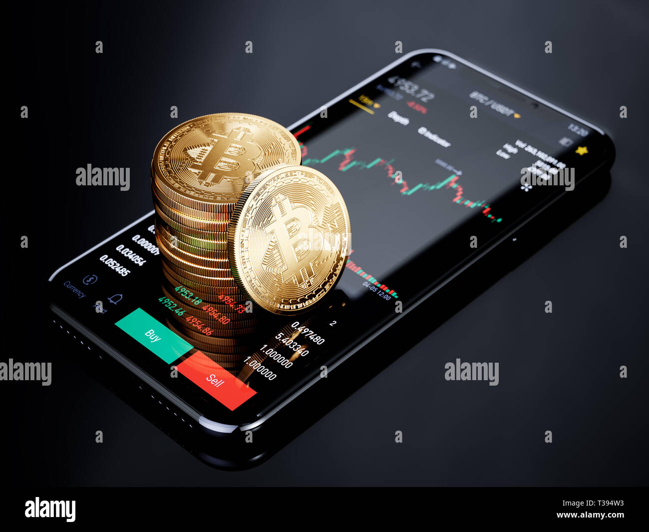 Cryptocurrency exchange trading mobile Bitcoin. Smartphone con bitcoins  monete d oro e stack exchange trading grafico. 3D rendering immagine Foto  stock - Alamy