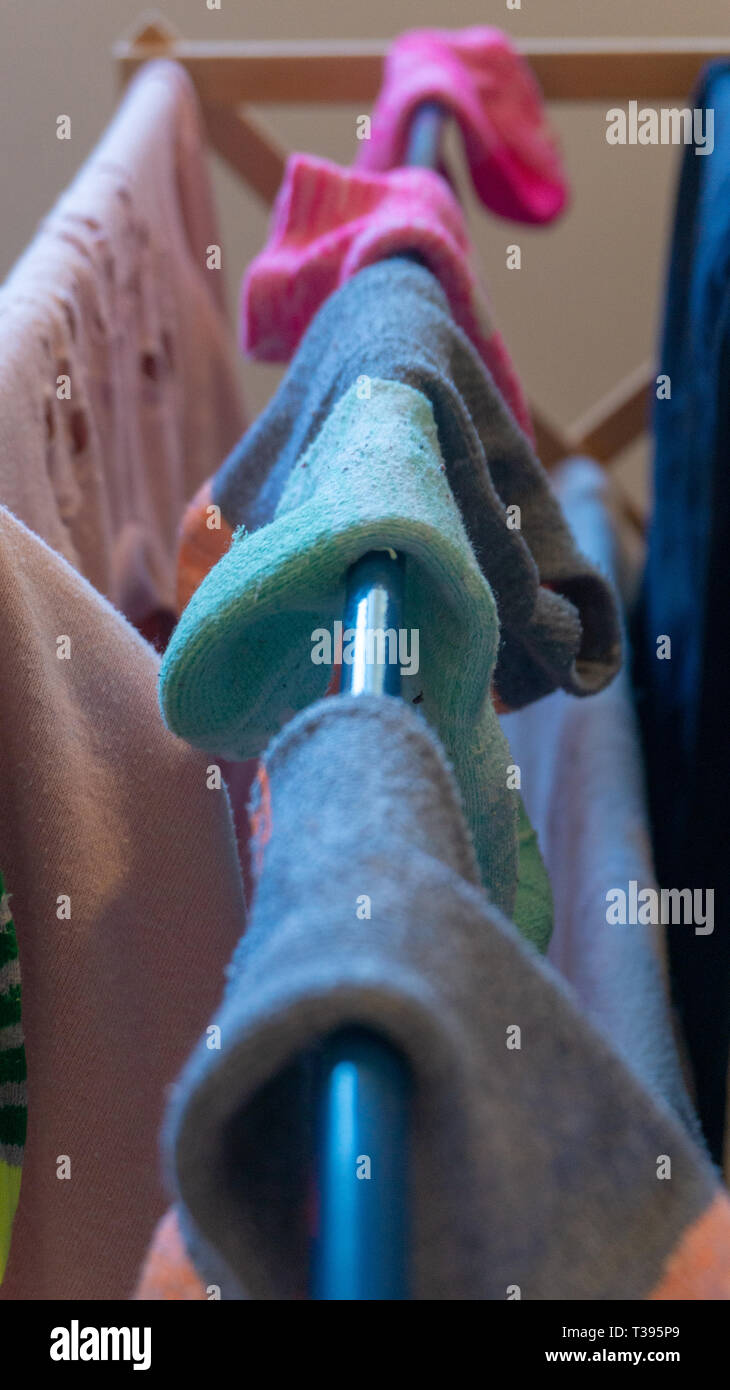 Singola caviglia calza non accoppiate con calza coppie essiccazione su rack di bucato dopo il lavaggio. Raffiguranti calze mancanti, calza coppie, servizio lavanderia giorno, faccende. Foto Stock