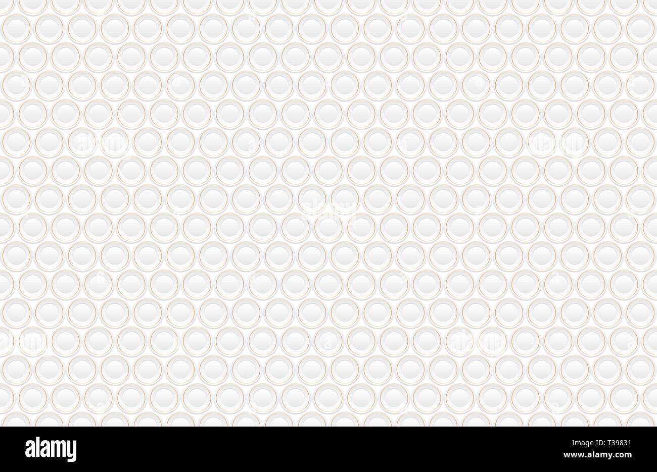 Abstract volume di goffratura texture bianche, vettore seamless pattern. Premuto la forma rotonda sfondo, 3d disegno geometrico. Punto arrotondato con anello d'oro Illustrazione Vettoriale