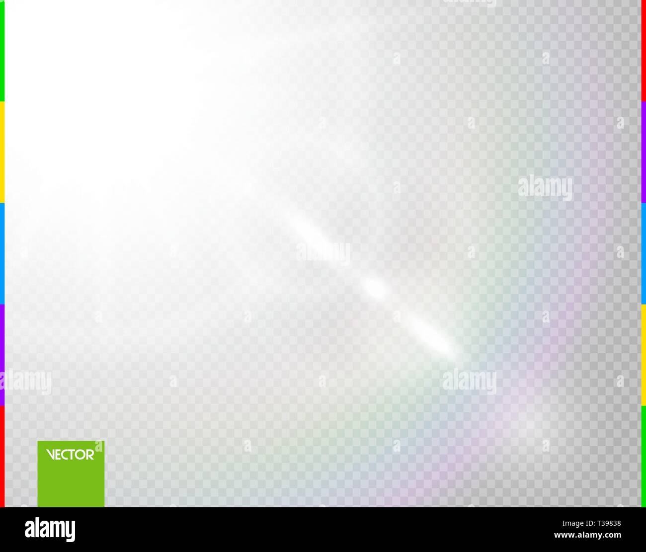 Vettore sole raggi di luce effetto speciale. Bagliore di luce solare trasparente lens flare. Flash isolato spotlight. Anteriore bianco sfondo traslucido Illustrazione Vettoriale