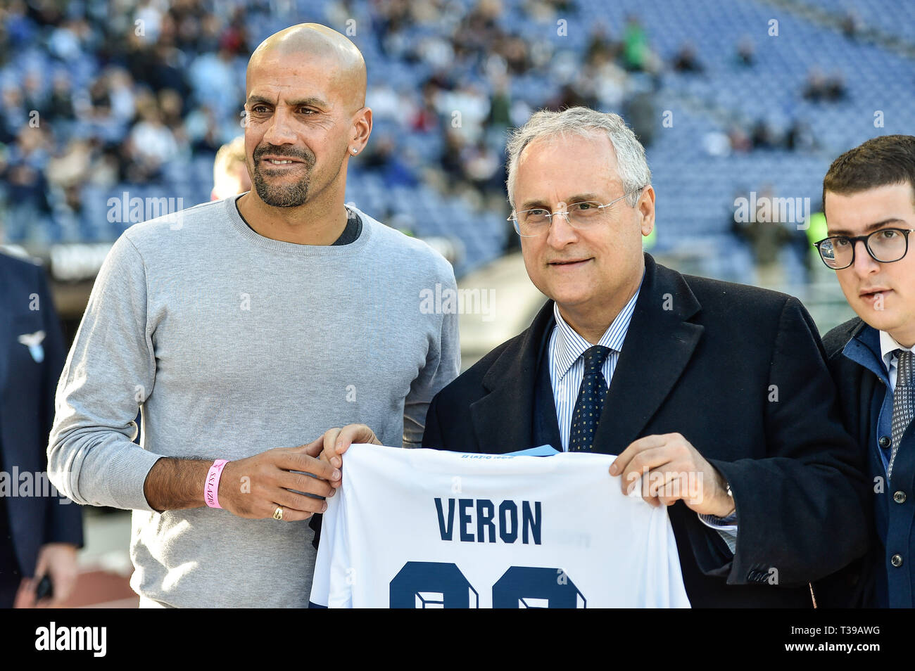 SS Lazio proprietario Claudio Lotito e SS Lazio ex giocatore Juan Sebastian Veron durante la Serie A match tra SS Lazio e Sassuolo allo Stadio Olimpico Foto Stock