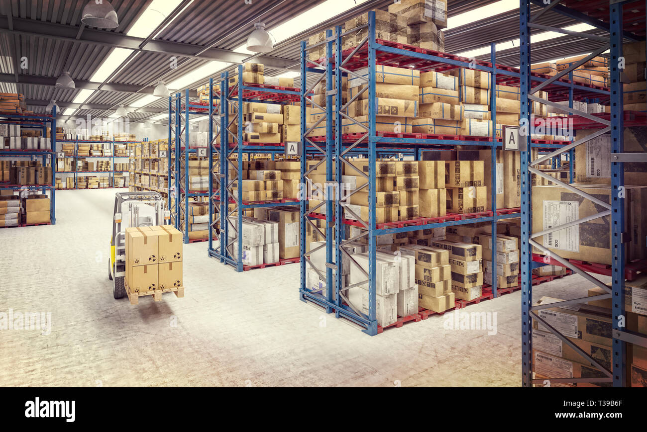 Immagine 3D rappresentata di un carrello elevatore a forche in opera in un grande magazzino pieno di scatole e merci. Industria e concetto di logistica Foto Stock