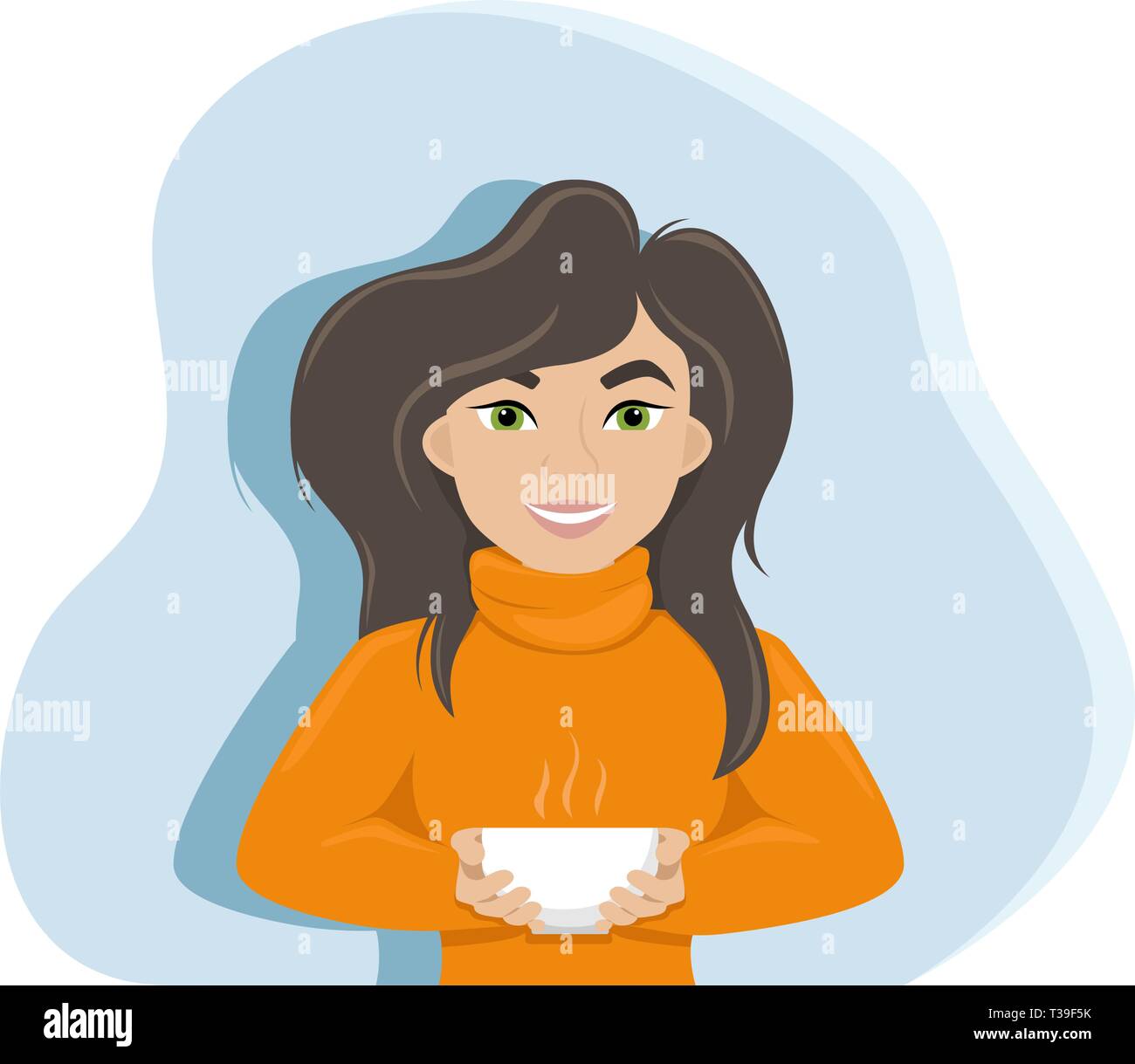 Carino donna con una tazza di caffè nelle sue mani. Vettore isolato illustrazione. Illustrazione Vettoriale