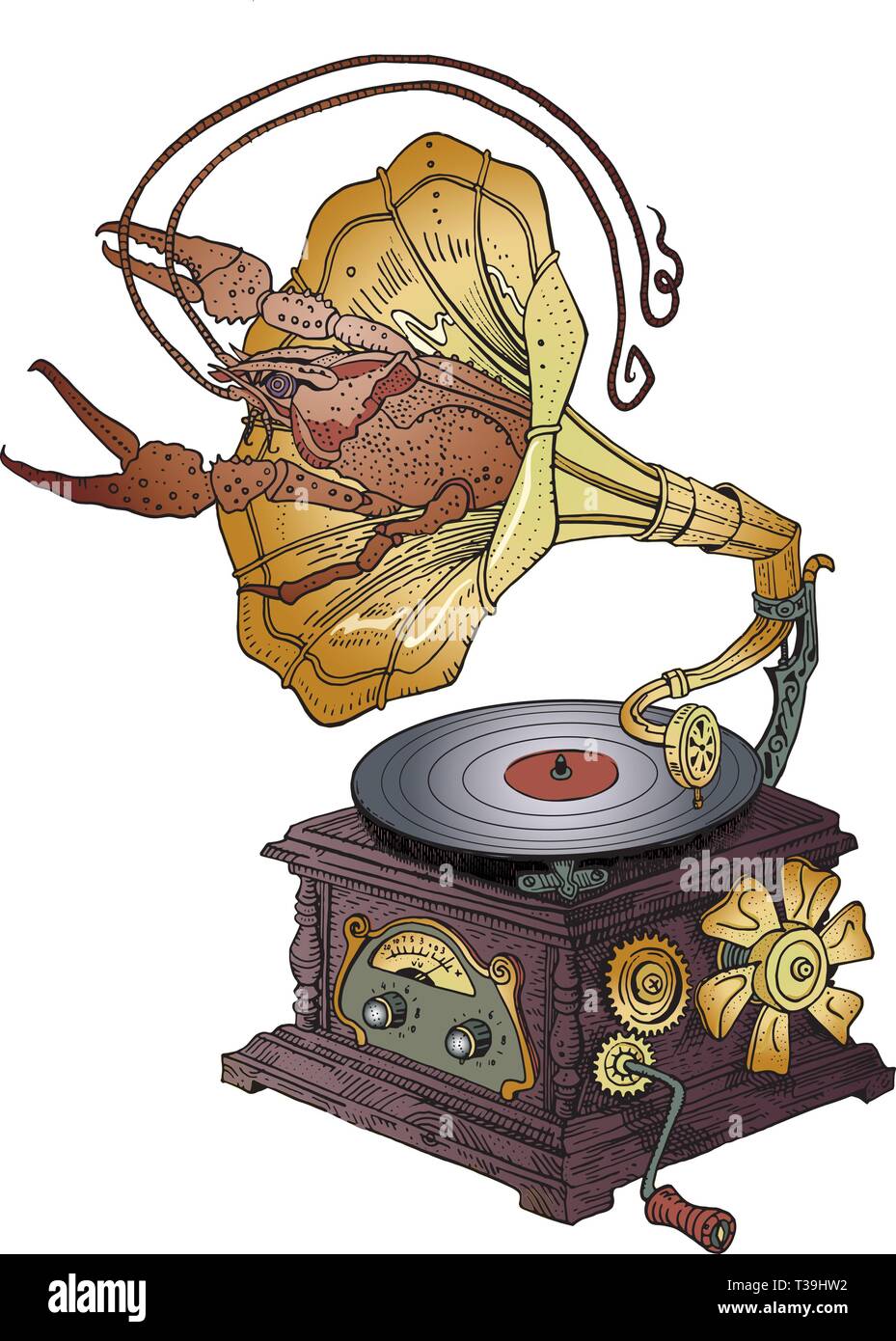Grottesco vintage stile steampunk grammofono con aragosta strisciando fuori di esso. Disegnato a mano fantasia psichedelica di illustrazione. Il festival di musica per banda, poster Illustrazione Vettoriale