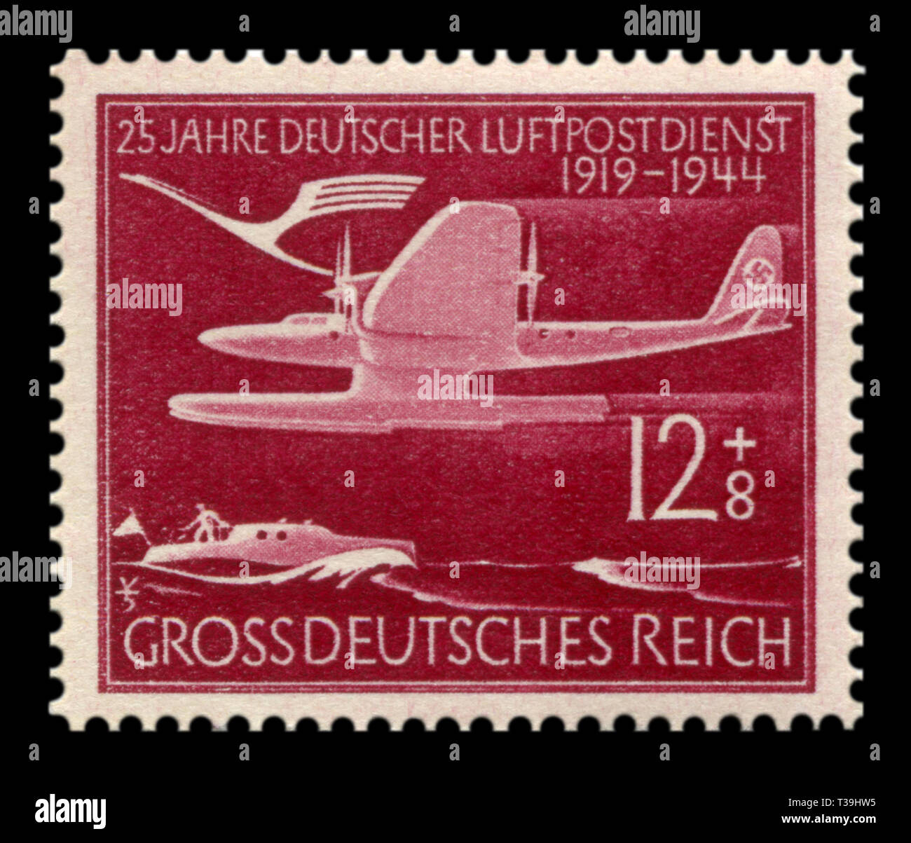German Historical timbro: XXV anniversario della postale tedesco servizio dell'aria. Idrovolante Blohm & Voss ha 139a volare sopra l'acqua, posta aerea, 1944, DR. Foto Stock