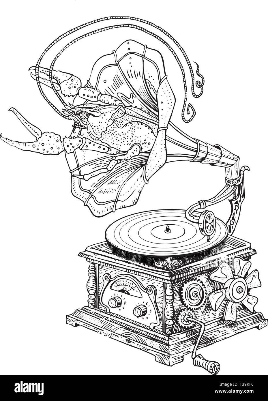 Grottesco steampunk vintage grammofono con aragosta strisciando fuori di esso. Disegnato a mano fantasia psichedelica illustrazione inchiostro isolato su bianco. Music festi Illustrazione Vettoriale