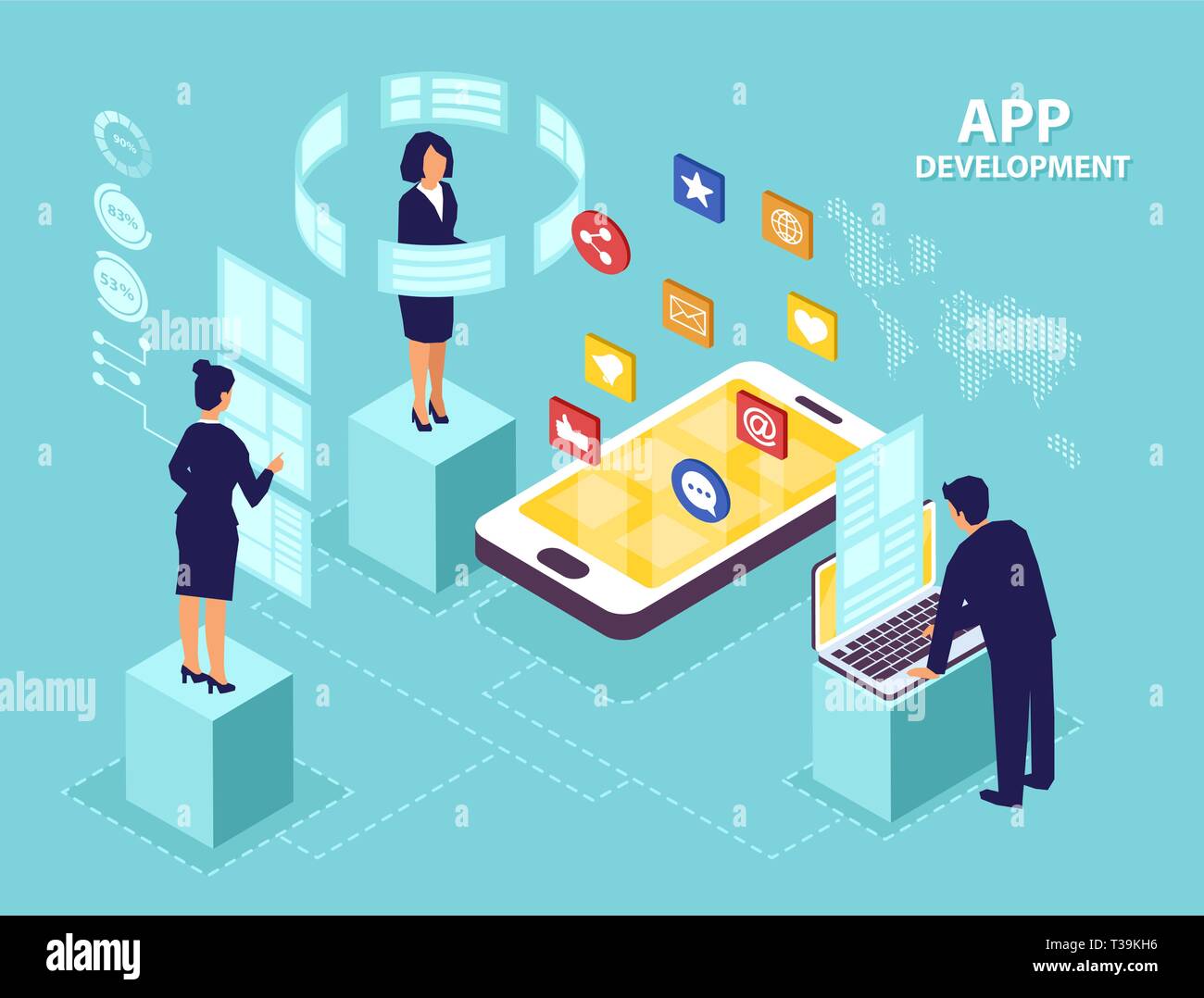 Application Development Concept. Vettore isometrica della gente di affari di ingegneri software nello sviluppo di nuove applicazioni mobile. Illustrazione Vettoriale