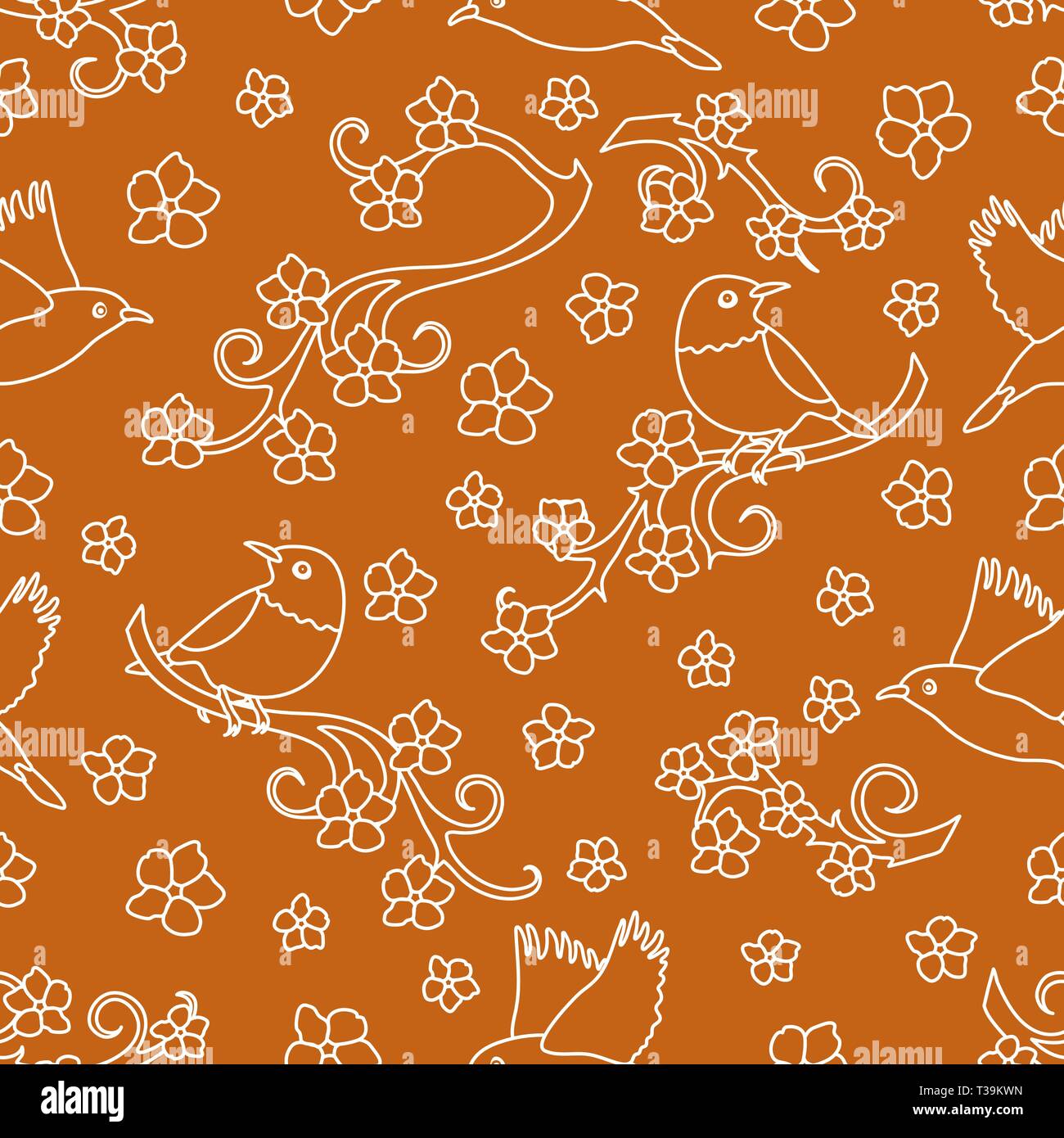 Modello senza cuciture con rami sakura, uccelli. In Giappone la natura. Rami di fiori di ciliegio. Design per scheda, annuncio, pubblicità, banner o stampare Illustrazione Vettoriale