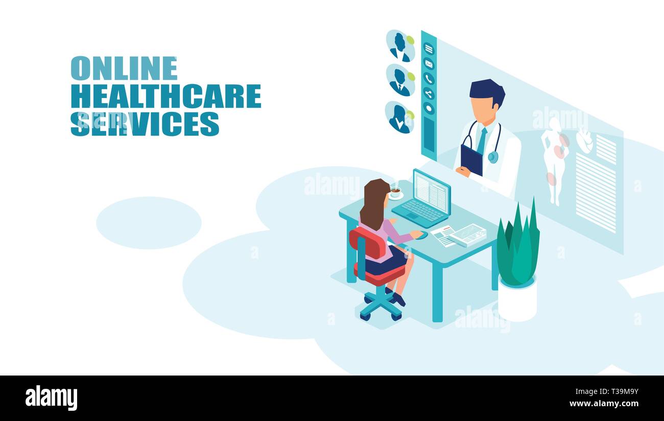 Vettore di una riunione del paziente un medico online utilizzando la moderna tecnologia informatica. Medici on line il concetto di consultazione Illustrazione Vettoriale