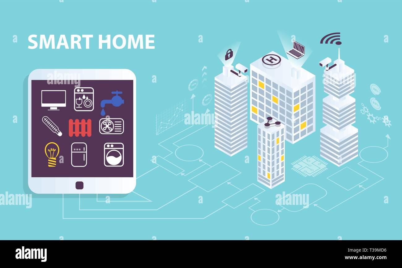 Smart home concetto. Vettore del paesaggio urbano e gli edifici intelligenti, controllato tramite computer app. La tecnologia del futuro sistema di gestione piattaforma. Illustrazione Vettoriale