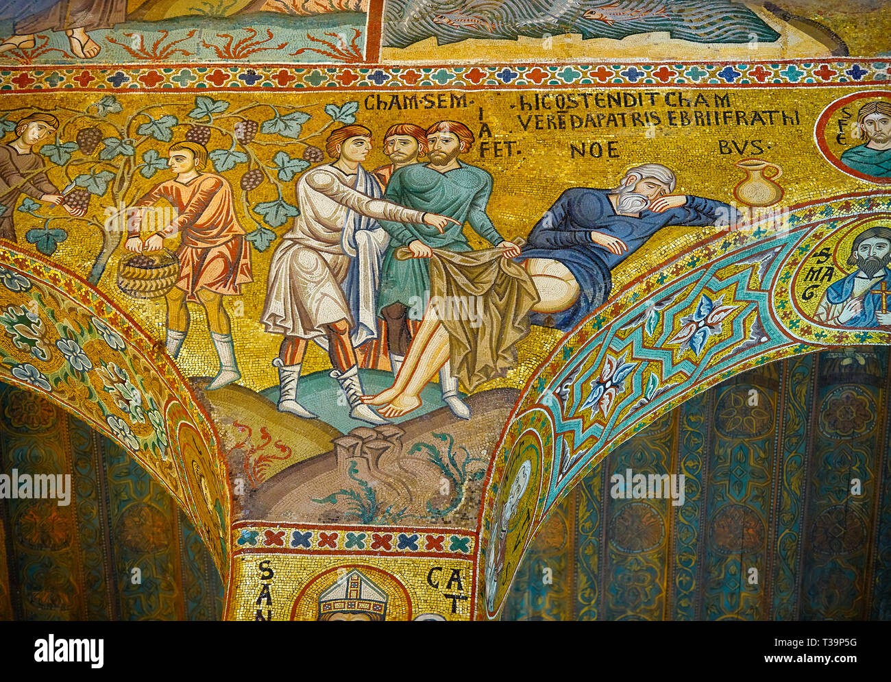 Medievale in stile bizantino mosaici del racconto biblico di Noè, la Cappella Palatina, Cappella Palatina, Palermo, Italia Foto Stock