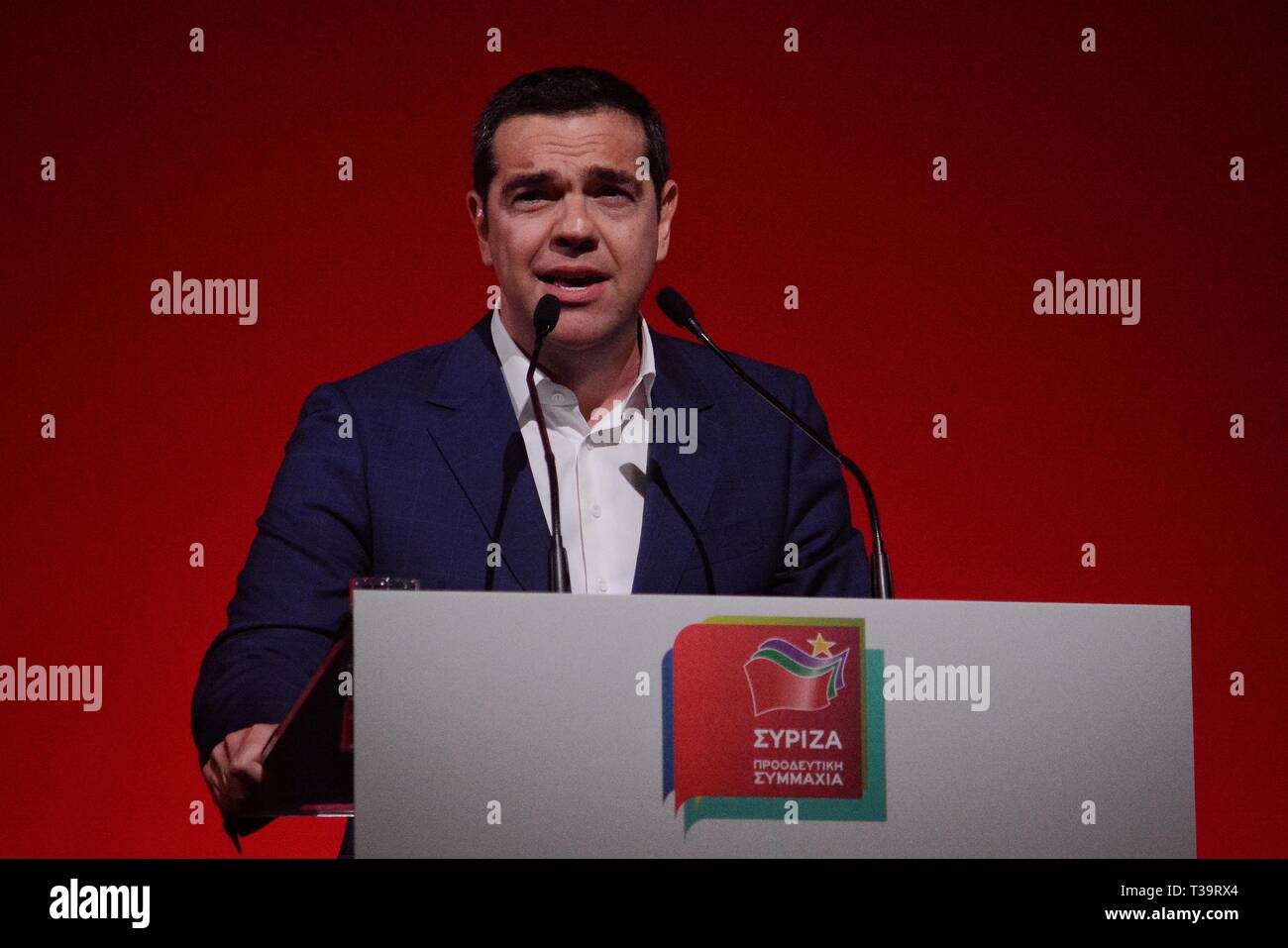 Il primo ministro e presidente in carica del SYRIZA Alexis Tsipras visto parlare durante la conferenza panellenica di SYRIZA partito politico in Galatsi Atene. Foto Stock