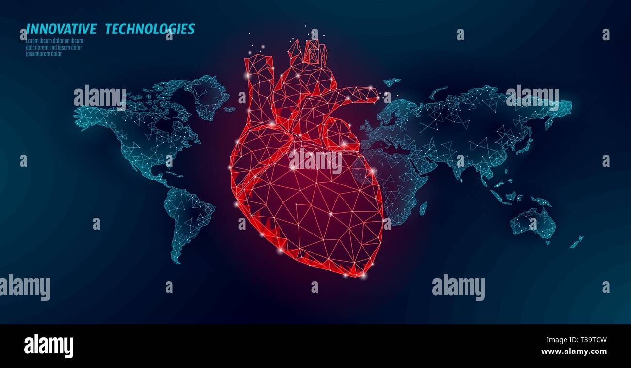 Mondo di attacco di cuore giorno consapevolezza. Salute Medicina poster modello. rosso cuore poligonale sulla mappa del mondo global healthcare cardiologia illustrazione vettoriale Illustrazione Vettoriale