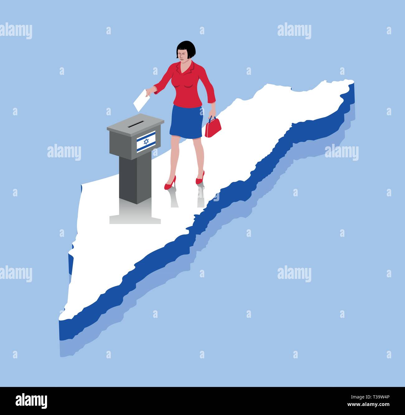 Donna israeliana sono il voto in urne su una mappa di Israele. Tutti gli oggetti, le ombre e lo sfondo sono in diversi strati. Illustrazione Vettoriale