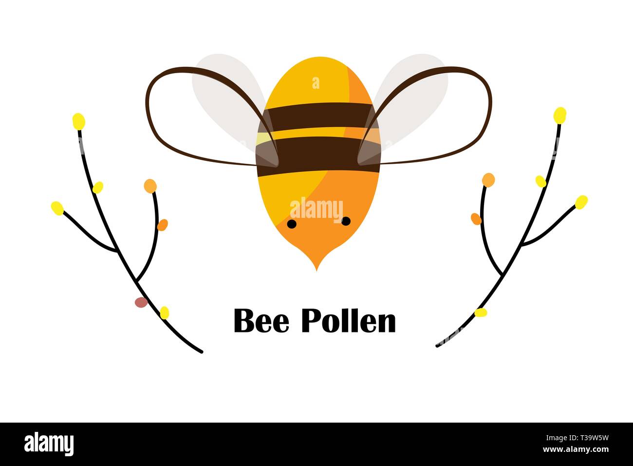 Cartoon carino Bee, rami di albero, e Bee di granelli di polline con spazio per il testo. Il logo di apicoltura o miele Packaging design. Vettore. Illustrazione Vettoriale