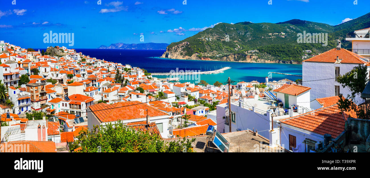 Bella città di Skopelos,vista panoramica,Sporadi,Grecia Foto Stock