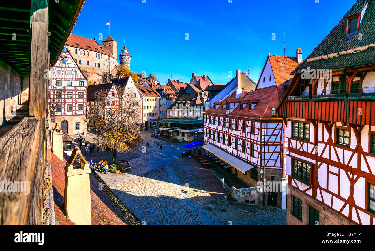 I punti di riferimento della Baviera - Norimberga centro storico, vista con il suo castello Kaiserburg Foto Stock