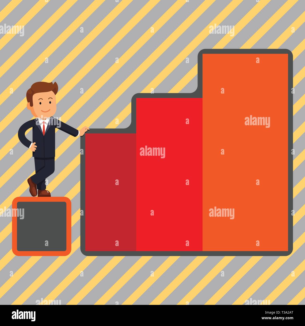 Happy Businessman presentando la crescita e il successo di salita il grafico a barra colonne business Design Concept. Annuncio di attività per il sito web e la promozione banner. em Illustrazione Vettoriale