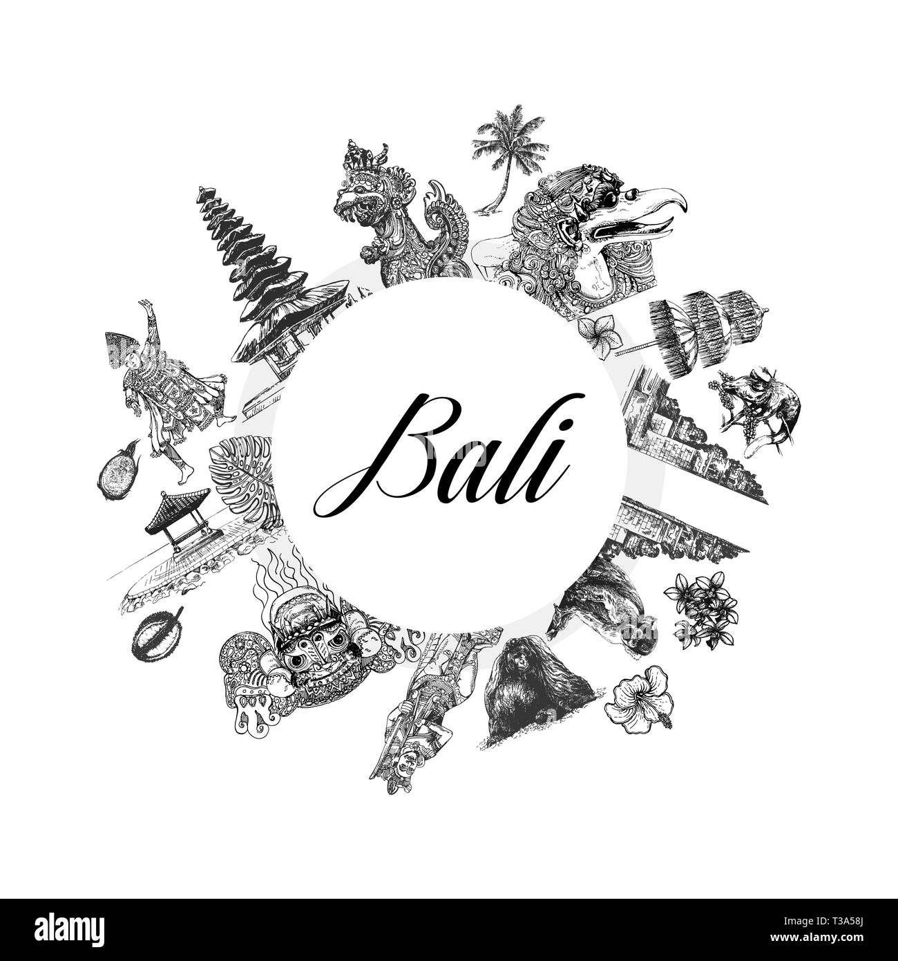 La composizione di mano il bozzetto di stile a tema di Bali oggetti isolati su sfondo bianco. Illustrazione Vettoriale. Illustrazione Vettoriale