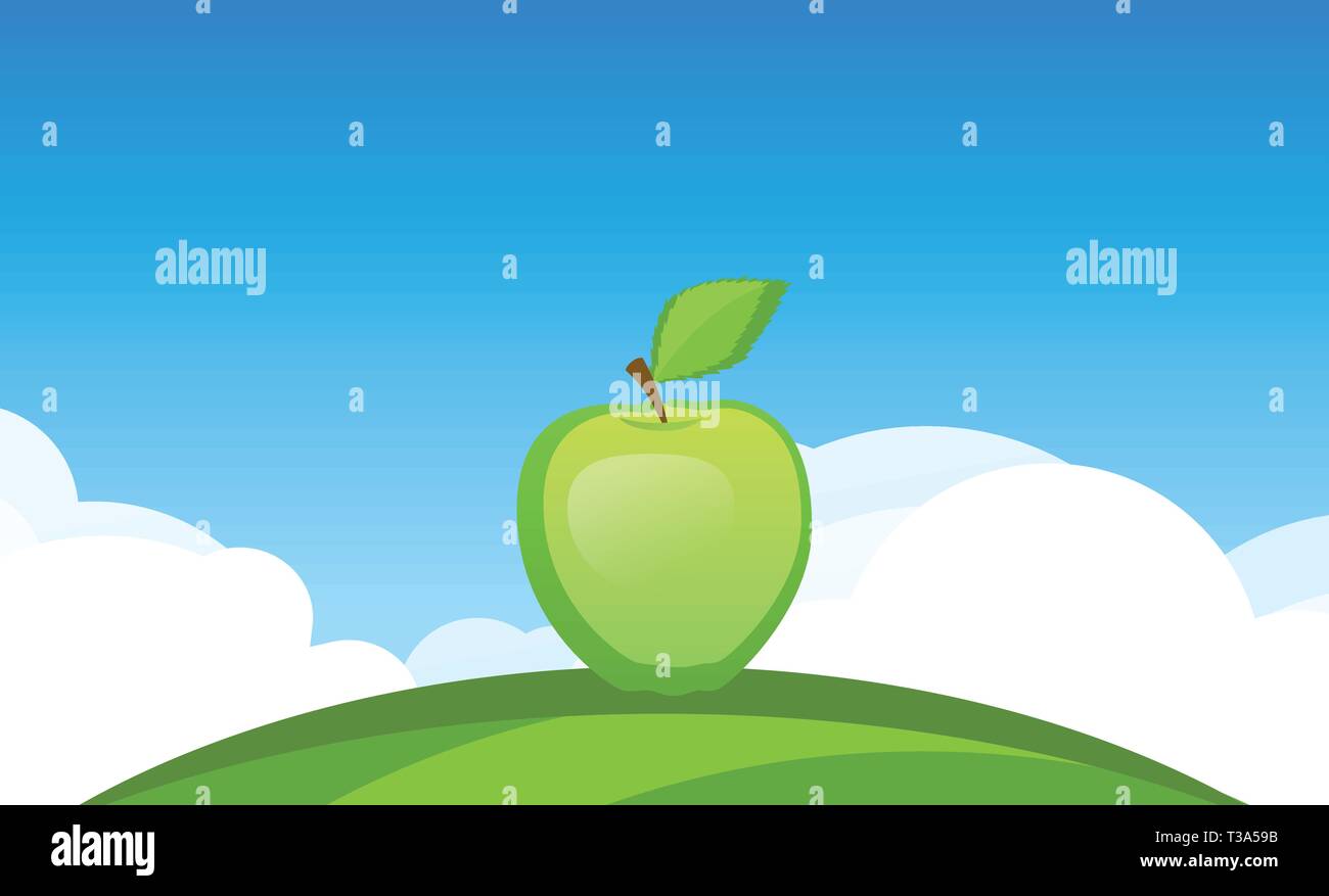 Modello di pagina di intestazione con Apple frutto in giardino - simbolo della frutta succosa sotto il cielo blu. Colorata illustrazione vettoriale in formato EPS10. Illustrazione Vettoriale