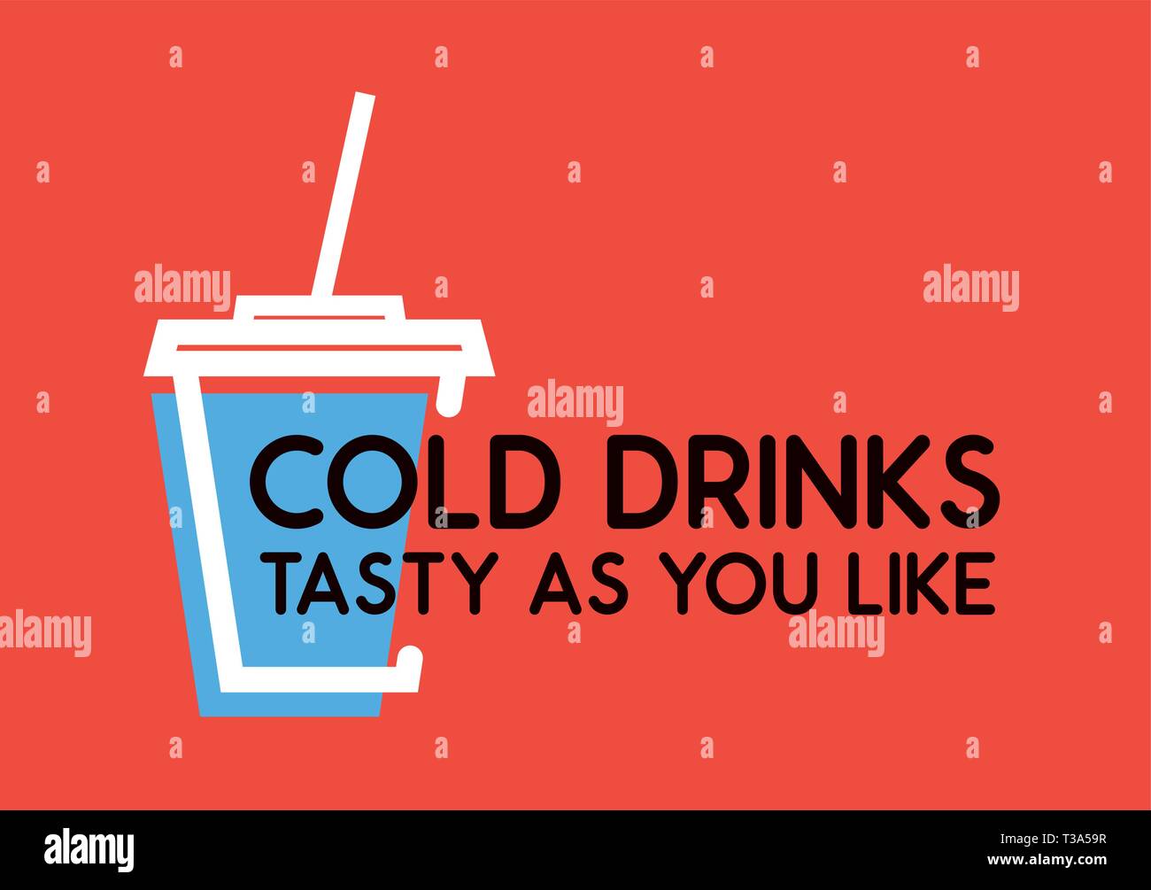 Bevande fredde, gustoso come vi piace. Il logo del vettore con la coppa con soda su sfondo rosso. Illustrazione Vettoriale