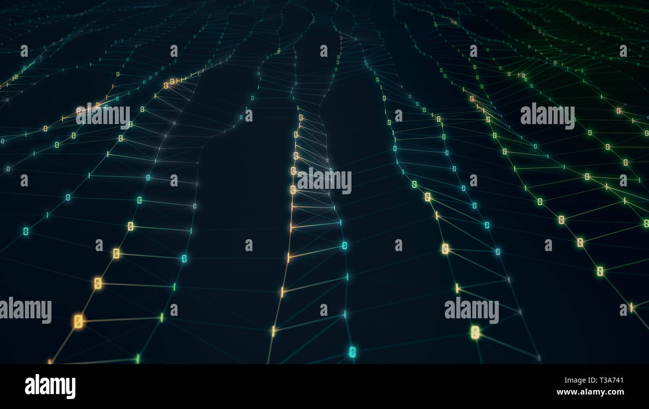 Il futuristico astratto di superficie di particelle di onda. Griglia ondulata di luminoso 0 binario e 1 creazione piano curvo. Il futuristico 3D'illustrazione. Stilizzata Hi-Tech indietro Foto Stock