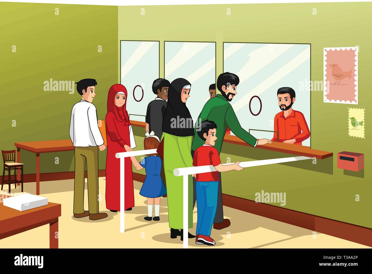 Una illustrazione vettoriale di persone in ufficio postale Illustrazione Vettoriale